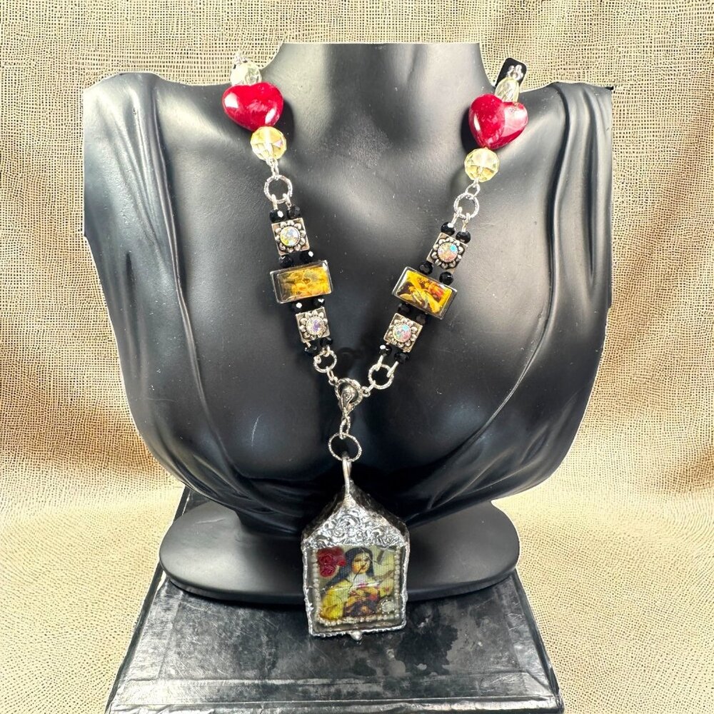 Handcrafted St Teresa Glass Shadow Box Pendant & Artisan Metalwork & Necklace - Picture 11 of 12